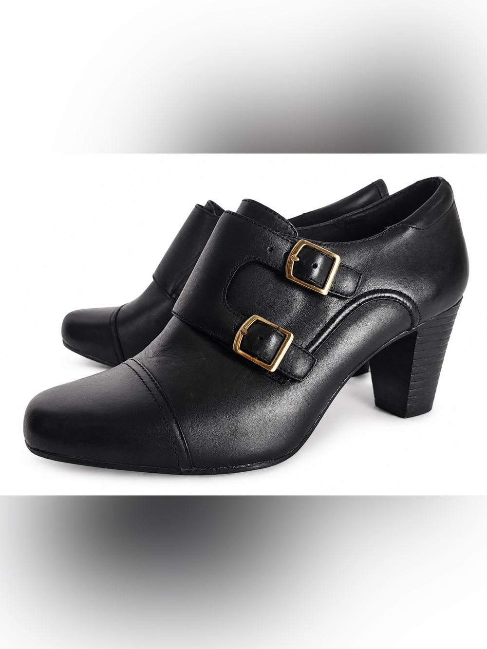 Clarks Bendables Black Leather Double Monk Strap Block Heel Booties - Size 9 - Picture 3 of 15